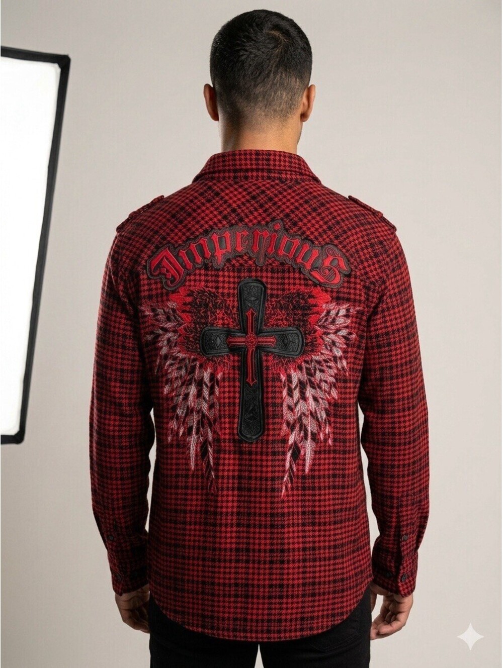 Imperious Y2K Goth Streetwear Plaid Flannel Button Up Shirt - Red/Black/Wings